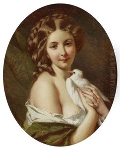 Young Woman With Dove - Young Woman With Parrot (2 Works) by Karl Friedrich Johann von Mueller