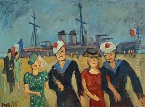 Scenery From The Docks With French Sailors And Their Girfriends On The Quay by Max Mueller