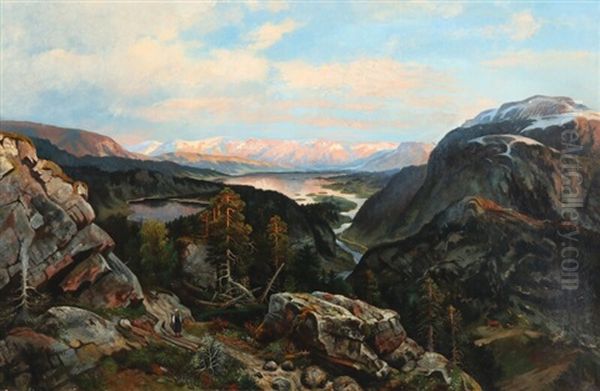 Norwegian Mountain Landscape With A Person And Cabins by Morten Mueller