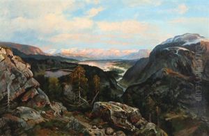 Norwegian Mountain Landscape With A Person And Cabins by Morten Mueller