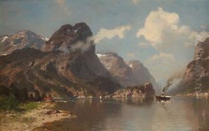 Fjordlandskap Med Dampbat by Morten Mueller