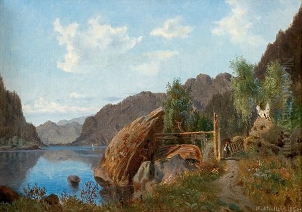 Fjordlandskap Med Mann Og Bat - view 1