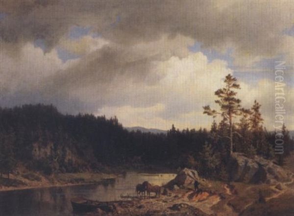 Hester Og Mann Ved Skogsvann - view 1