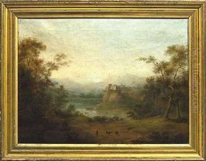 Mediterrane Fluslandschaft Mit Einer Festung, Im Vordergrund Hirte Mit Vieh