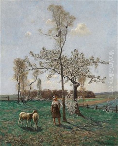 Schafhirtin Unter Bluhenden Baumen - view 1