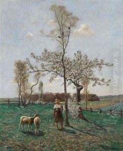 Schafhirtin Unter Bluhenden Baumen