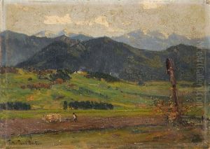 Pflugender Bauer In Voralpenlandschaft by Peter Paul Mueller