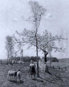 Schafhirtin Vor Bluhendem Baumchen