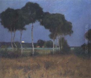 Mondaufgang Uber Einer Weiten Landschaft Mit Birkenhain by Peter Paul Mueller
