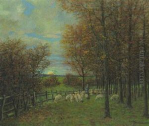 Schafer Mit Seiner Herde Im Pferch Bei Abendstimmung by Peter Paul Mueller