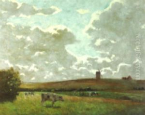An Landscape With A Windmill And Cattle Grazing by Peter Paul Mueller