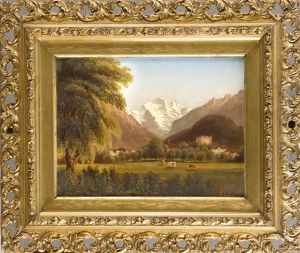 Schweizer Vedute Mit Der Ansicht Eines Dorfes Und Gebirgsmassiv Im Hintergrund by Rudolph Mueller