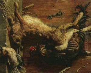 Jagdsttilleben Mit Einem Erlegten Hasen, Huhn Und Singvogel by Victor Mueller