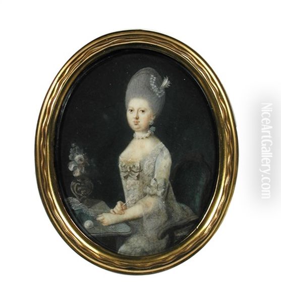 Portrait Of A Lady In A White Silk Dress With A Bow At Her Corsage, Pearls And Unswept Powdered Hair, Seated At A Desk, Crocheting; And A Portrait Of A Gentleman In A Brown Frock Coat, Green Waistcoat And Powdered Wig Worn En Queue, Seated And Holding A L - view 1
