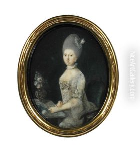 Portrait Of A Lady In A White Silk Dress With A Bow At Her Corsage, Pearls And Unswept Powdered Hair, Seated At A Desk, Crocheting; And A Portrait Of A Gentleman In A Brown Frock Coat, Green Waistcoat And Powdered Wig Worn En Queue, Seated And Holding A L by Wilhelm Andreas Mueller