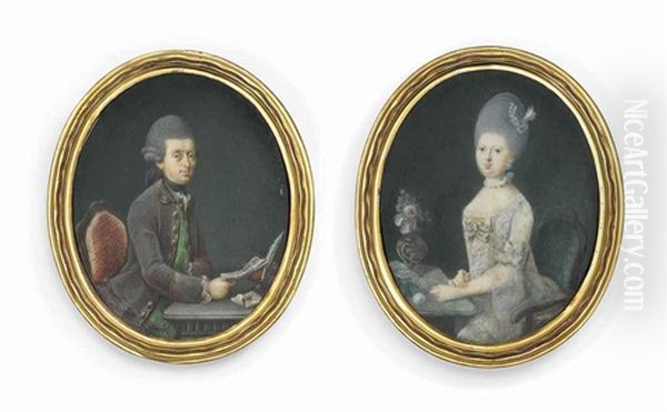 A Pair Of Miniatures: A Gentleman In Brown Frock-coat, Green Waistcoat, Black Stock, Powdered Wig Worn En Queue, Seated On A Red Upholstered Chair, At A Table, Holding A Letter In His Right Hand - view 1