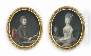 A Pair Of Miniatures: A Gentleman In Brown Frock-coat, Green Waistcoat, Black Stock, Powdered Wig Worn En Queue, Seated On A Red Upholstered Chair, At A Table, Holding A Letter In His Right Hand