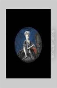 Juliane-marie, Queen Of Denmark, Standing, Resting Her Left Arm On The Back Of An Upholstered Chair, She Wears White-striped Grey Dress Adorned With Ribbon Bows And White Lace