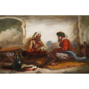 Two Middle-eastern Merchants Seated On A Mat, Smoking by William James Mueller