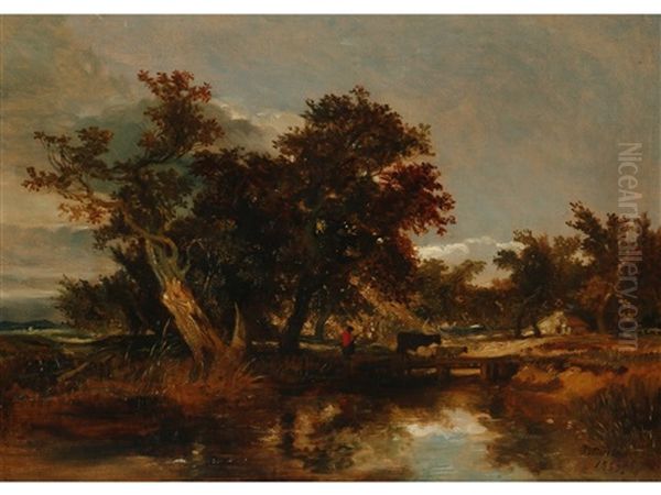 A Figure And Livestock Crossing A Bridge Beside A Woodland And Cottage - view 1