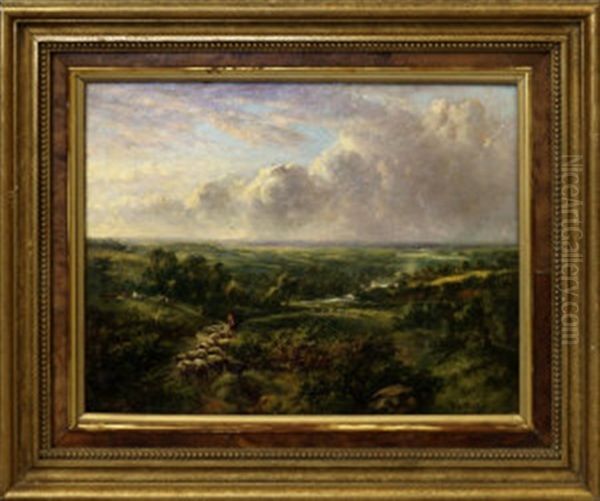 Sheep Drover In A Hilly River Landscape With Woodland - view 1