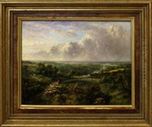 Sheep Drover In A Hilly River Landscape With Woodland