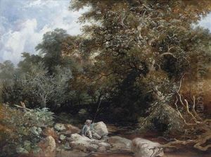 An Angler Beside A Wooded Stream by William James Mueller