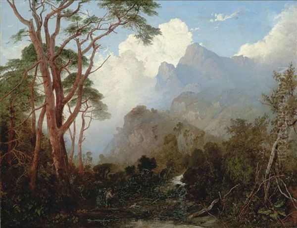 A Traveller And His Dog In An Alpine Landscape - view 1