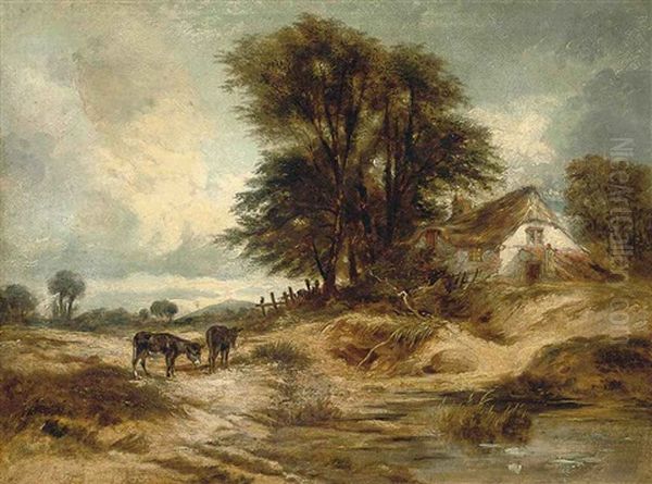 Two Donkeys Grazing Before A Thatched Cottage - view 1