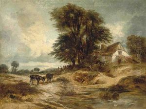 Two Donkeys Grazing Before A Thatched Cottage by William James Mueller