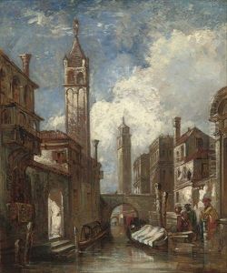 A Venetian Canal With Merchants Conversing By A Godola