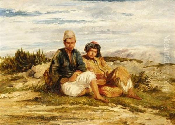 Two Oriental Boys Resting In A Landscape - view 1
