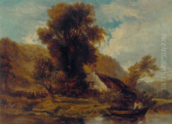 A Figure By A Cottage Unloading A Boat In A Wooded River Landscape - view 1