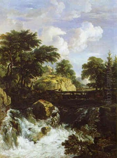 Gebirgslandschaft Mit Einem Sturzbach Und Bauernhaeusern - view 1