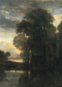 Figure Seated On The Banks Of A River With Thatched Cottage In Wooded Glade by William James Mueller