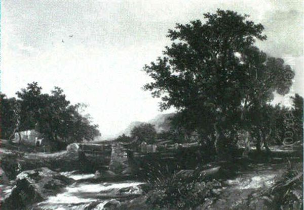 A Wooded River Landscape With Figures Fishing From A Bridge - view 1