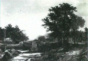 A Wooded River Landscape With Figures Fishing From A Bridge by William James Mueller