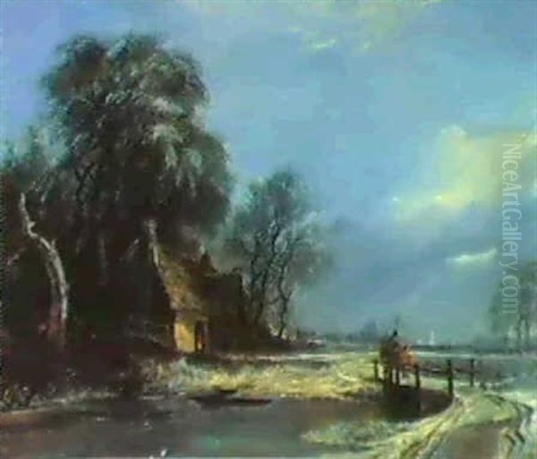 An Extensive Winter Landscape,with Figures Crossing A Bridgenear A Cottage - view 1