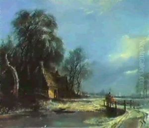 An Extensive Winter Landscape,with Figures Crossing A Bridgenear A Cottage by William James Mueller