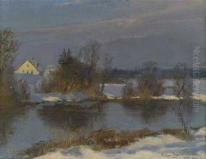 Winterlicher Flusslauf In Spater Sonnenstimmung by Carl Mueller-Baumgarten