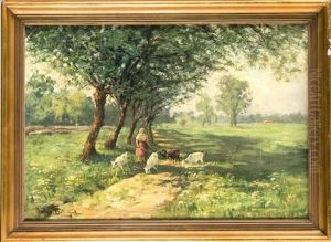 Ziegenhirtin In Sommerlicher Landschaft by Carl Mueller-Baumgarten