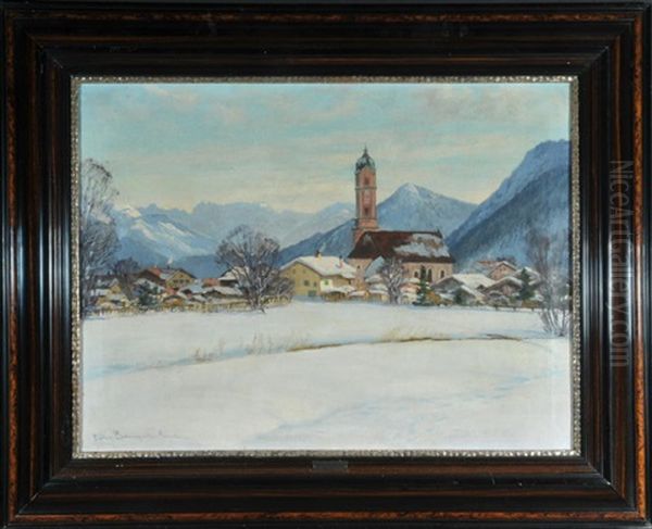 Verschneites Dorf Mit Bergpanorama Im Hintergrund - view 1