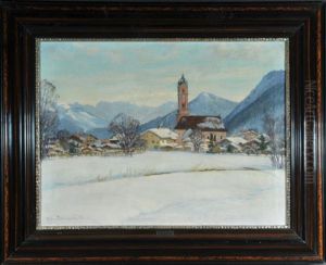 Verschneites Dorf Mit Bergpanorama Im Hintergrund