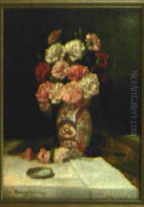 Stillleben Mit Nelken In Reich Bemalter Porzellanvase by Carl Mueller-Baumgarten