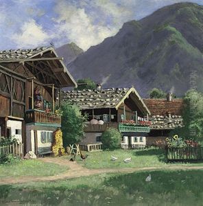 Bauernhofe Im Sonnigen Licht Vor Aufragendem Berg by Carl Mueller-Baumgarten