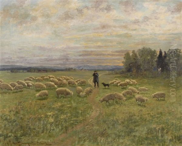 Weite Landschaft Mit Hirte, Hund Und Schafherde - view 1