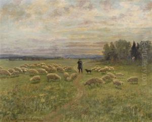 Weite Landschaft Mit Hirte, Hund Und Schafherde by Carl Mueller-Baumgarten