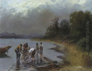 Fischer Beim Einholen Der Netze Am Seeufer (chiemsee?)