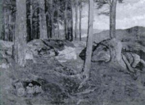 Waldpartie Mit Felsen by Georg Mueller-Breslau