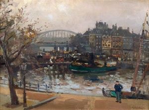 Hafenarm Mit Bugsierer Und Eisenbahnbrucke by Adolf Leonhard Mueller-Cassel